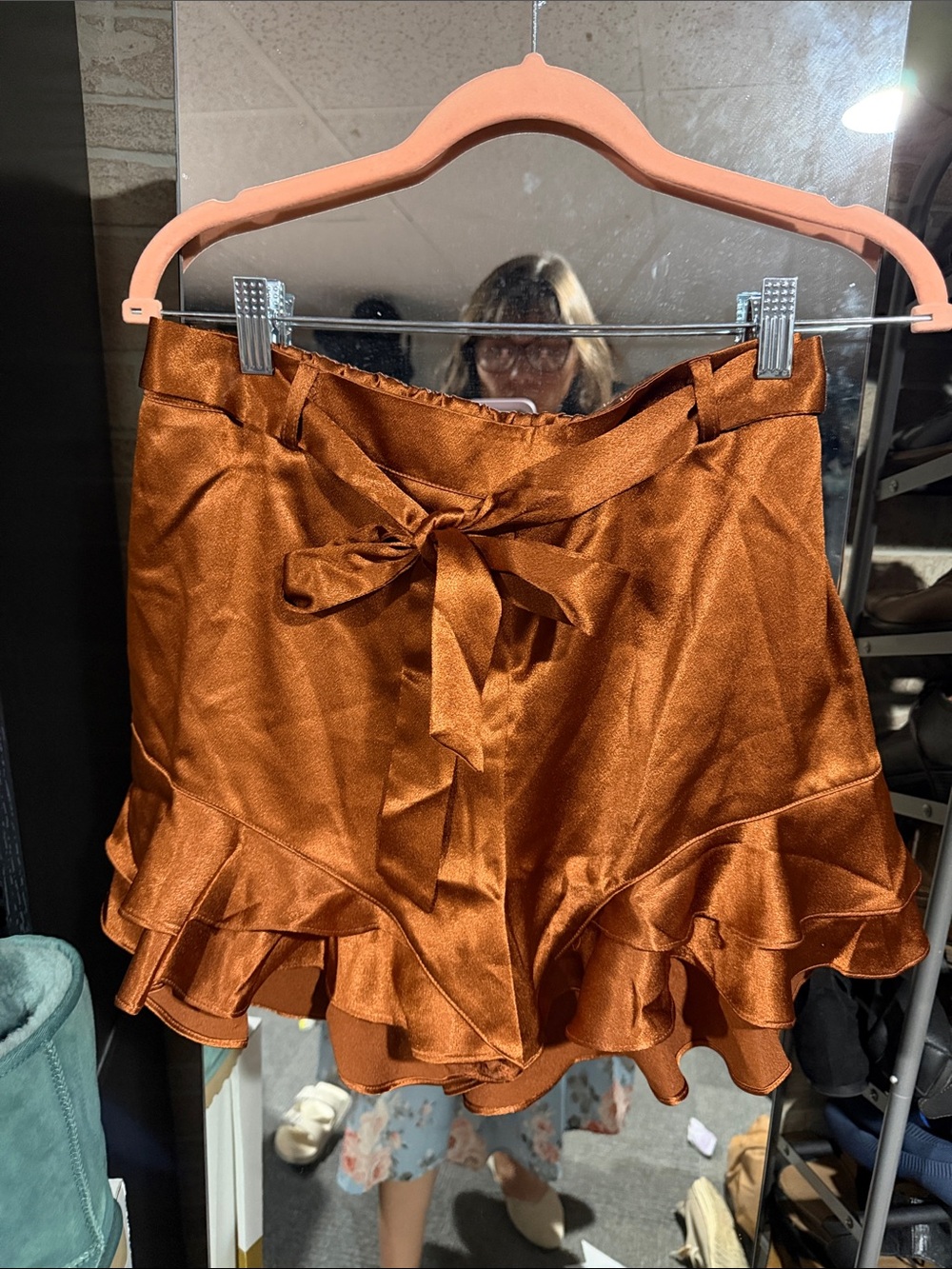 Tie-Waist Ruffle Satin Mini Shorts in Rust
